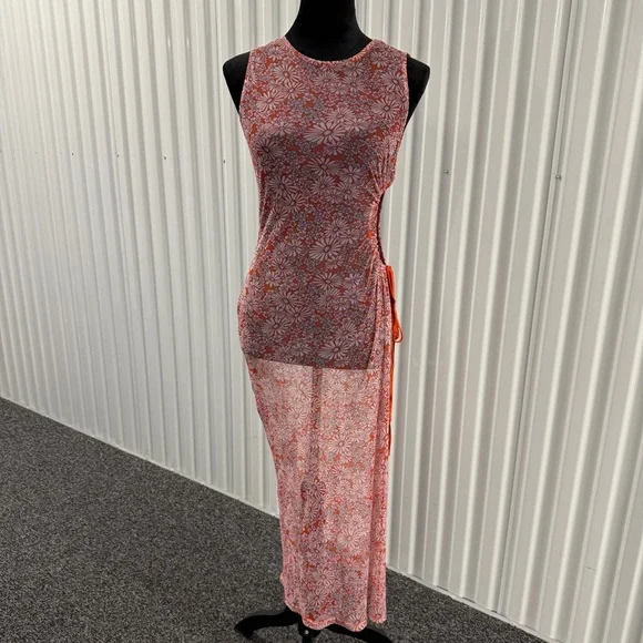 Forever 21 Women’s Orange Floral Sheer Mesh Maxi Sleeveless Dress Size Large - Picture 1 of 6